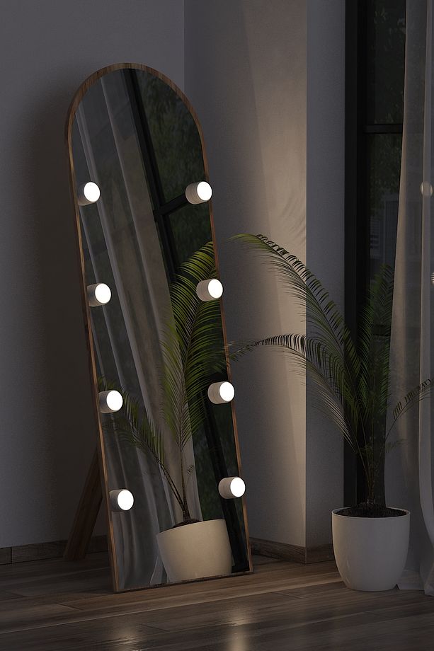 Ceviz Antre Koridor Duvar Salon Banyo Wc Ofis Çocuk Yatak Odası Led Ampullü Boy Ayna 50x150cm - 2