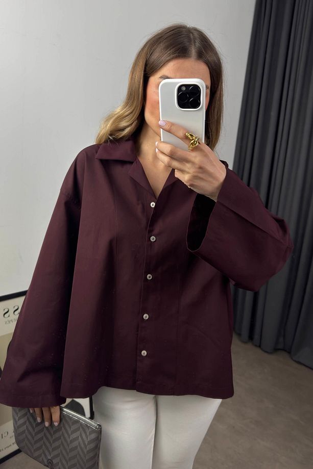 Mürdüm Geniş Manşet Oversize Gömlek - 4952 - 2