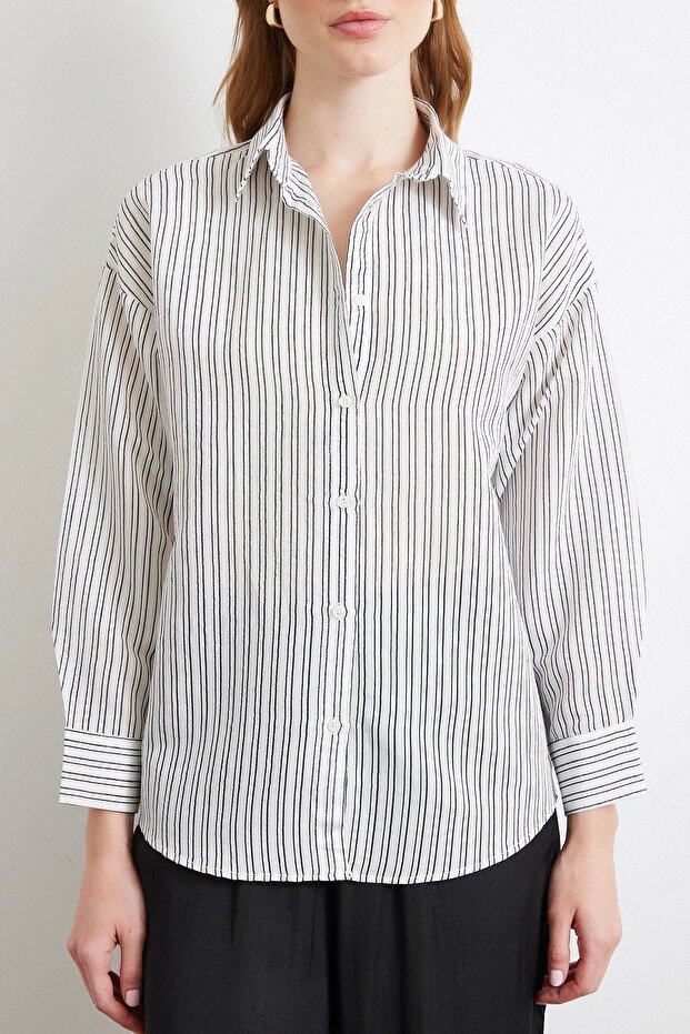 Simetrik Çizgili Gömlek Siyah - 3