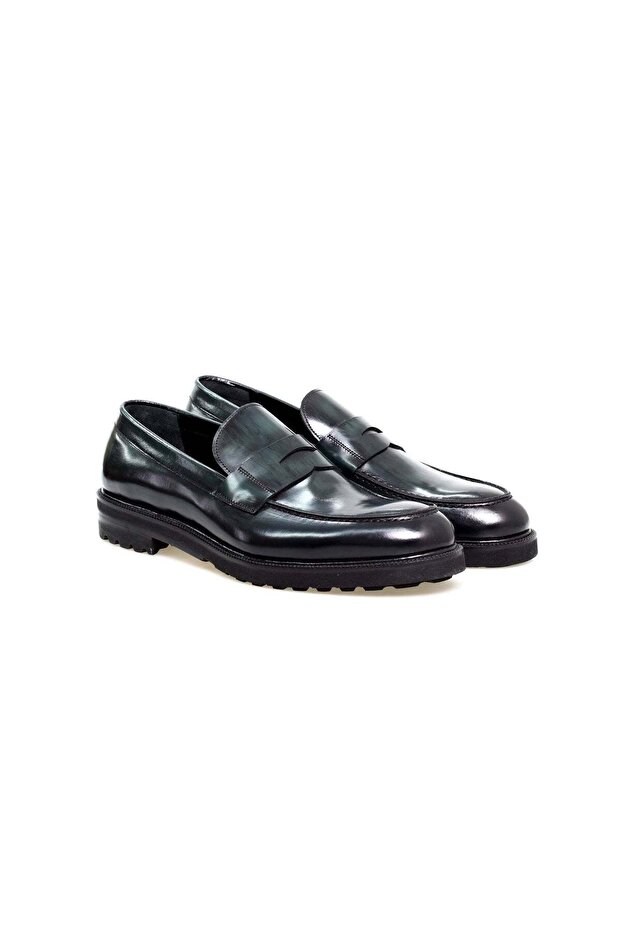 Green Color Laceless Genuine Leather Men's Shoes