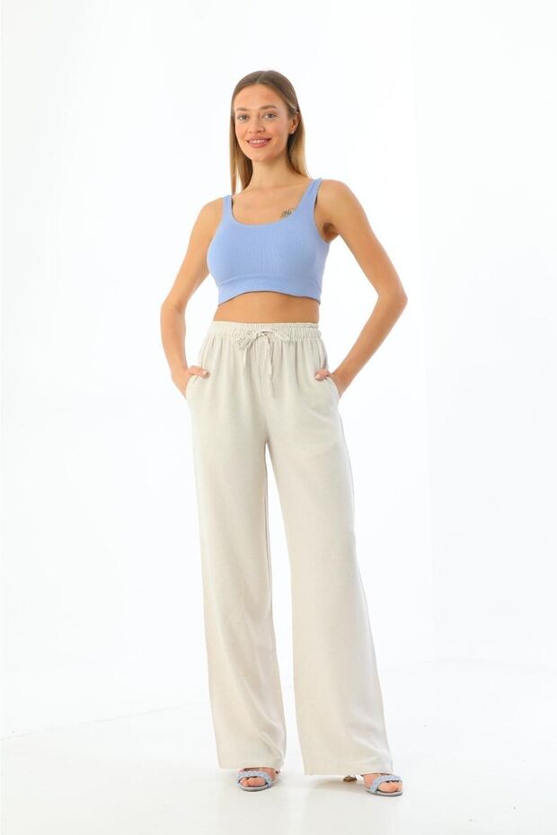Women's Beige Linen Trousers with Elastic Waist, Pockets, Summer, Comfortable Fit