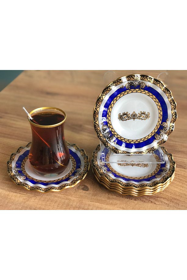 Taç Desenli Kıvrımlı Çay Tabağı 6 Adet - 1