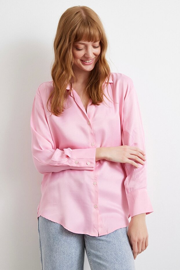 Viskon Saten Gömlek Pembe - 1