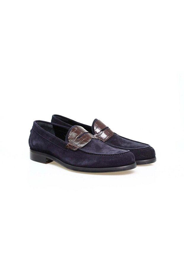 Dark Blue Color Laceless Genuine Leather Men's Shoes