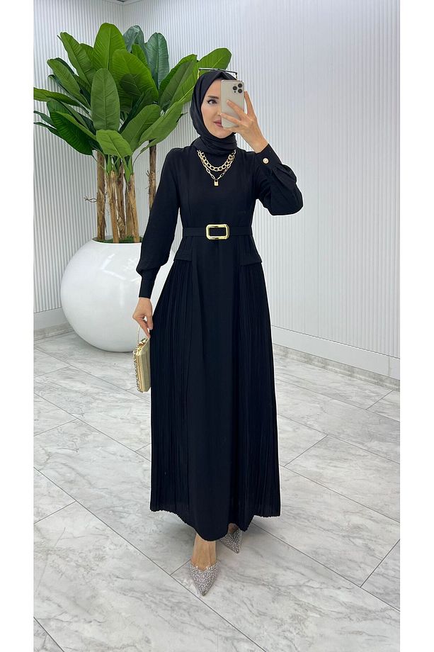 Yanlardan Pliseli Rita Krep Kadın Elbise - 4