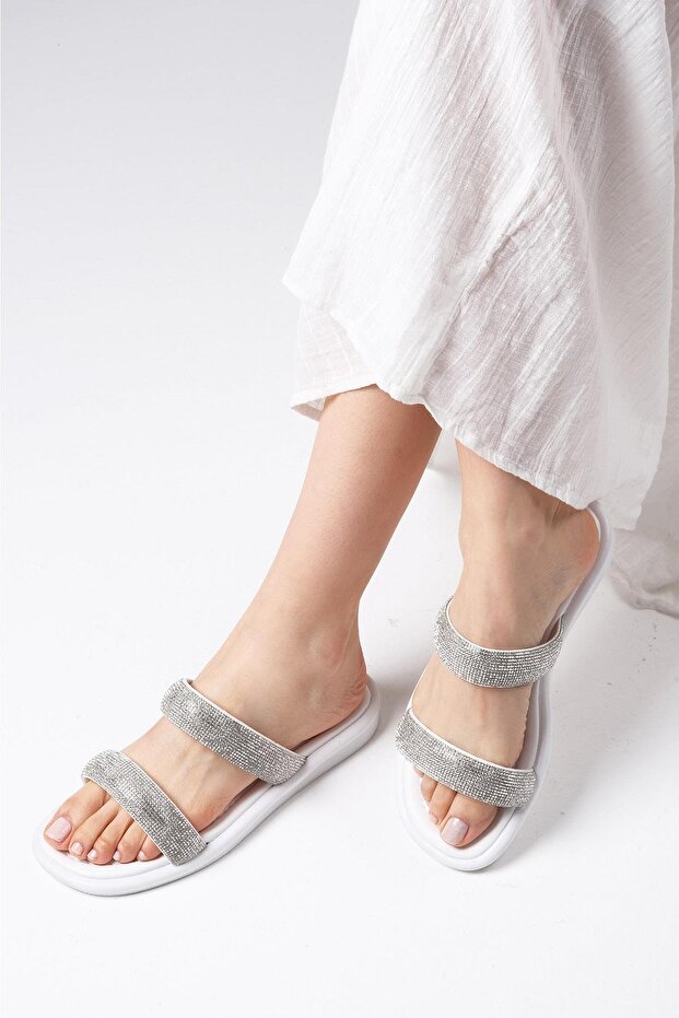 Regina White Color Double Banded Stone Women's Flat Slippers