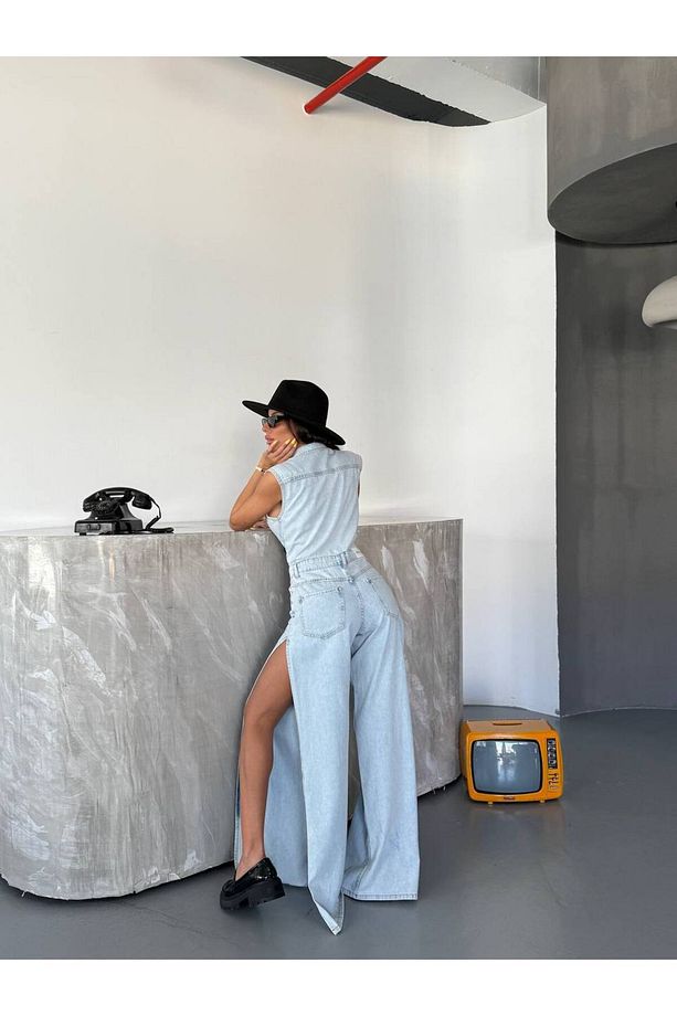 KADIN TASARIM YANDAN YIRTMAÇLI ASKILI KOT DENİM YAZLIK TULUM - 7