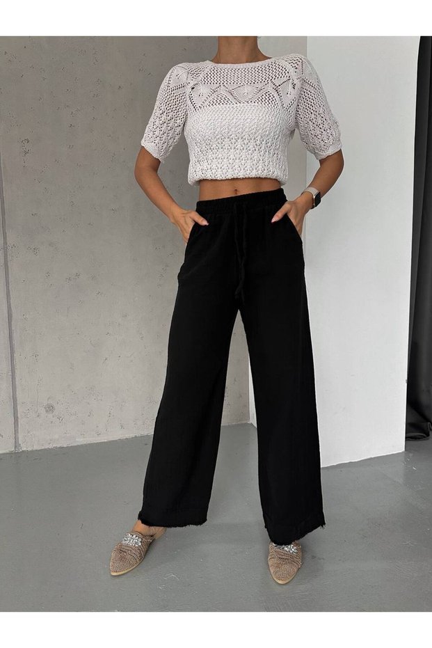 Women's Linen Blended Loose Cut Trousers with Elastic Waist and Pocket Detail