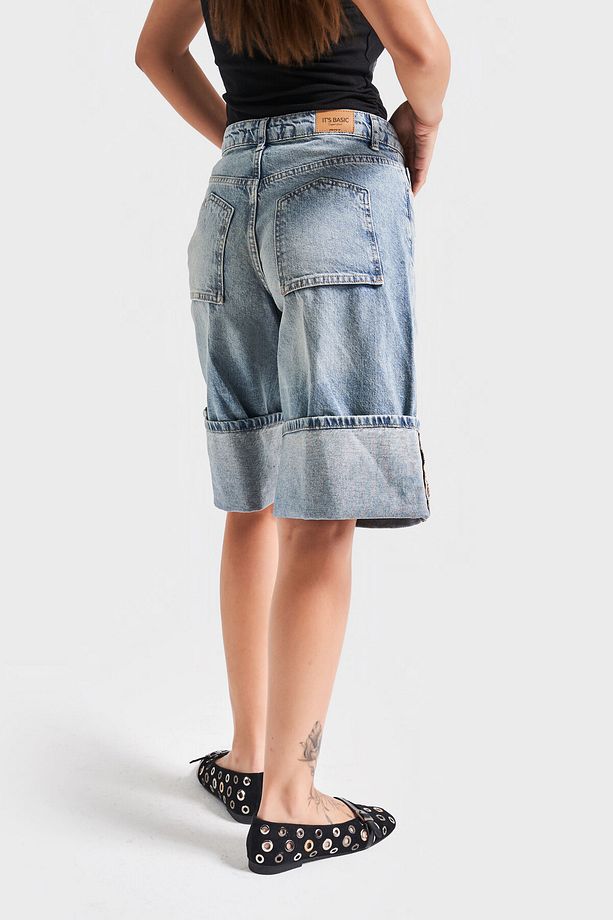 Kadın T.Kot Rengi 4s5-75 Paça Detaylı Maxi Boy %100 Koton Denim Bermuda Şort - 3