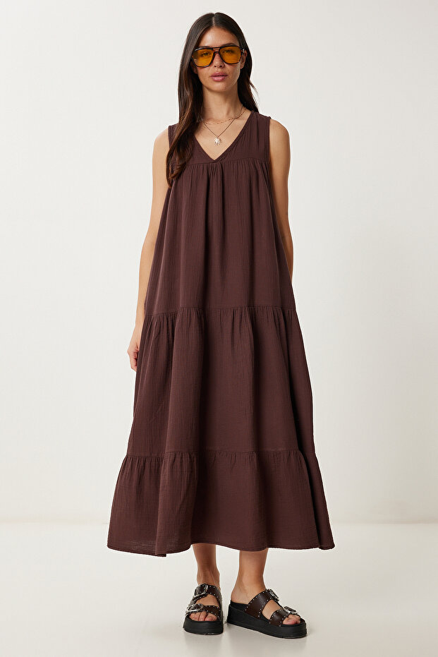 Flounced Summer Muslin Dress Brown Lmx0087