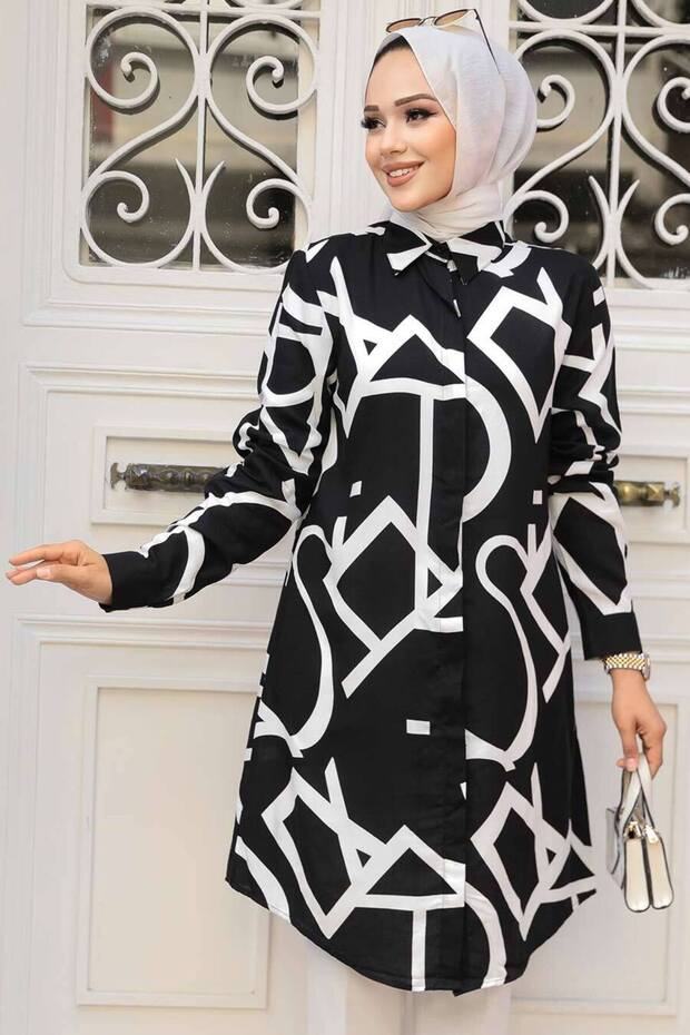 Ecru Patterned Hijab Tunic - 11698E - 2