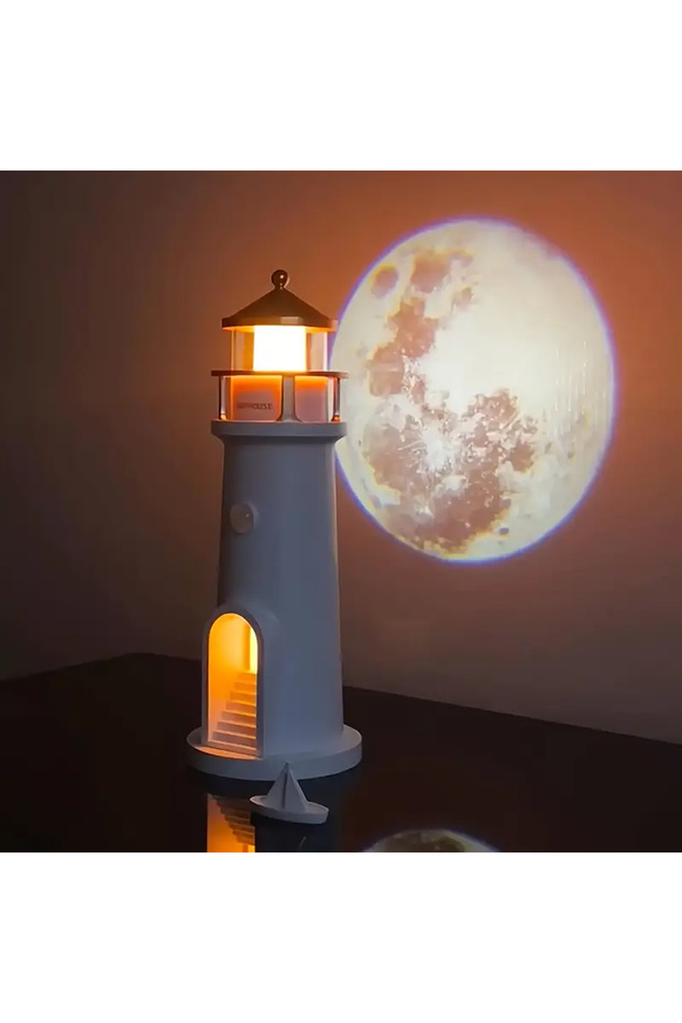 Deniz Feneri Gece Lambası Ay Yansıtmalı Hoparlörlü Şarj Edilebilir LED Estetik Masa Lambası - 3