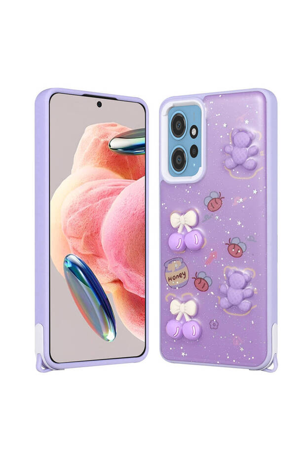 حافظة Redmi Note 12 4G غطاء SYS على شكل صليب مع مجسمات لامعة لامعة - الدب الأرجواني