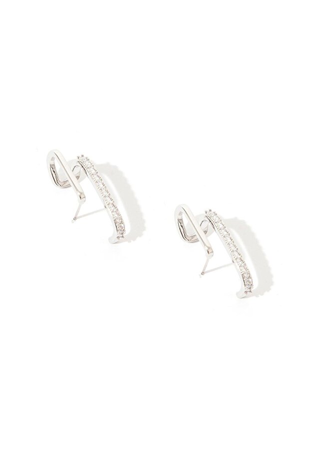 أقراط مرصعة بالحجر على شكل صف مزدوج - فضي - 1