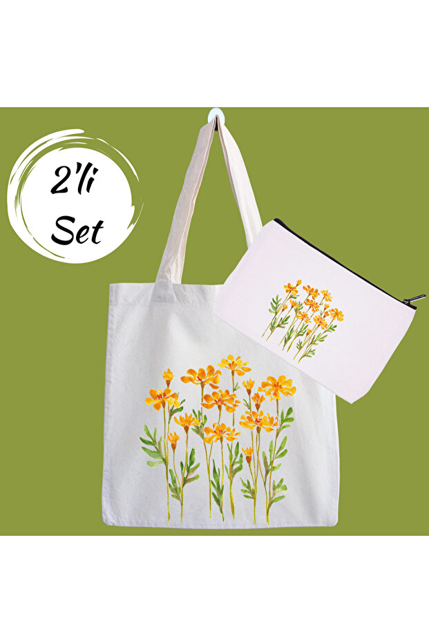 Set of 2 Cloth Bags and Makeup Bags with Flowers Campaign