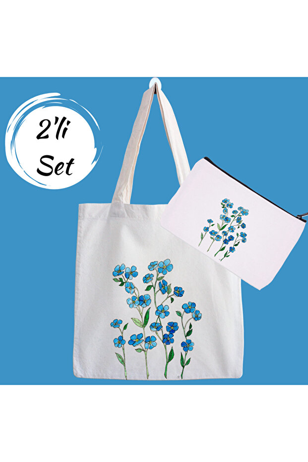 Blue Flowers Campaign Set of 2 Cloth Bags and Makeup Bags