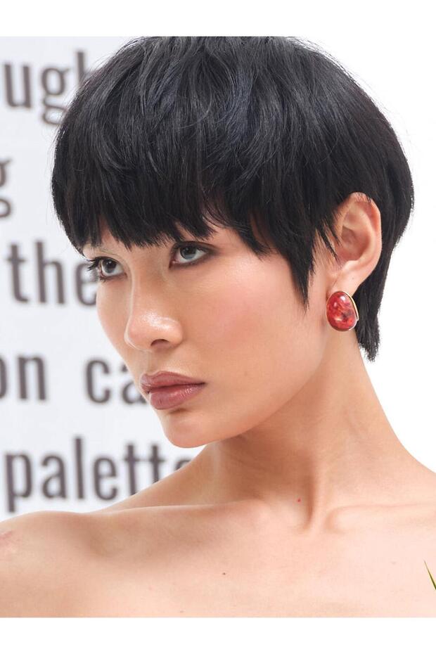 Gold Framed Bone Earrings - Red - 2