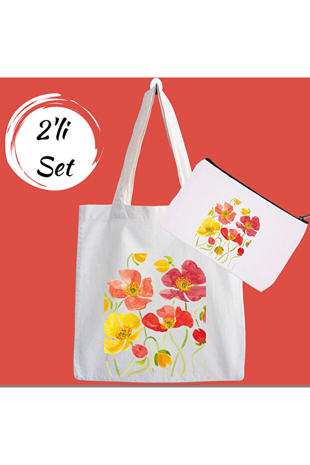 Set of 2 Cloth Bags and Makeup Bags with Flowers Campaign