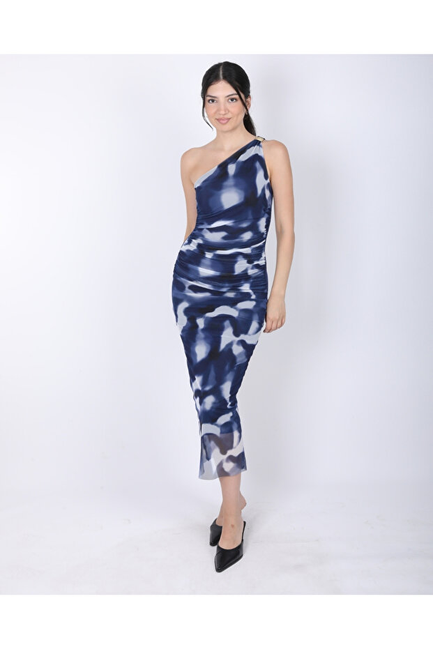 Women's Blue Patterned One Shoulder Draped Midi Length Tulle Dress