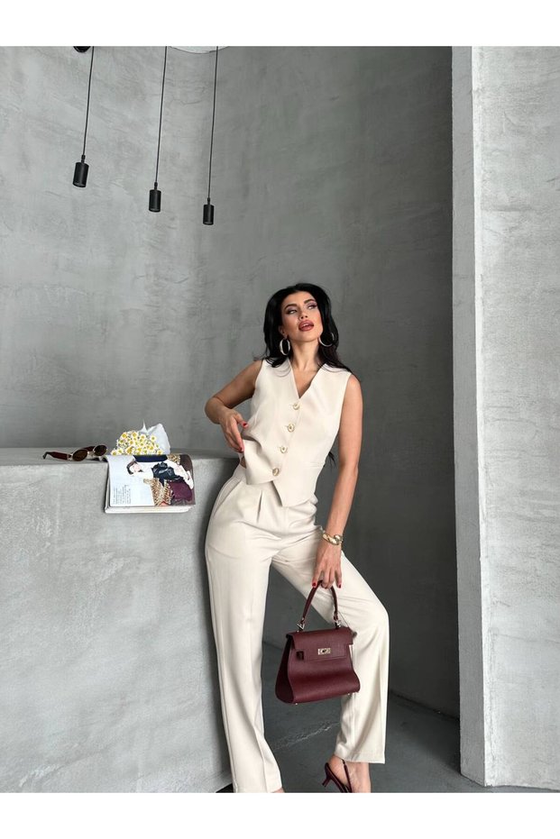 Women's Bottom Top Suit Stylish Stone Button Detail Premium Vest Pants Double Suit