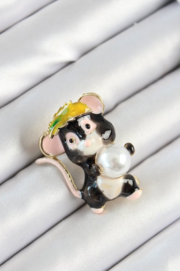 Gold Color Women's Brooch with Pearl Detail Black and Pink 3D Cute Mouse Figure