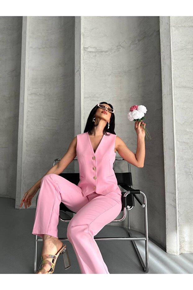 Women's Bottom Top Suit Stylish Stone Button Detail Premium Vest Pants Double Suit