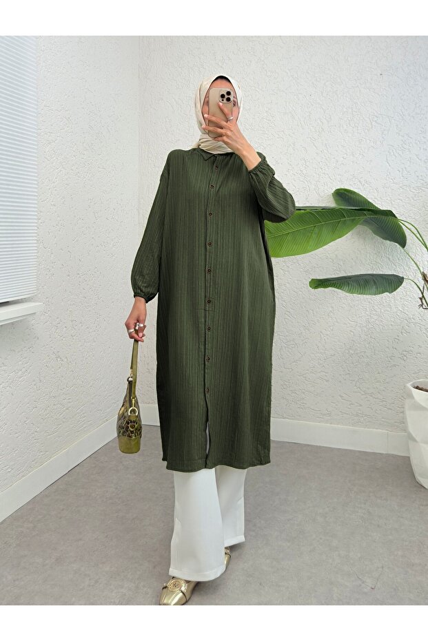 Long Crinkle Tunic with Buttons and Elastic Sleeves - Khaki