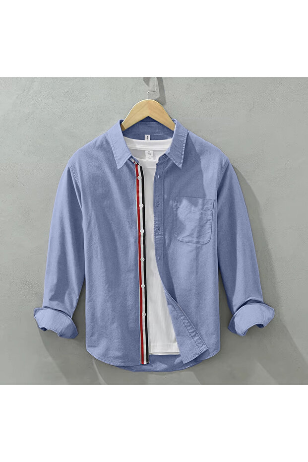 Cotton Summer Thin Fabric Striped Oversize Men's Pocket Shirt Blue