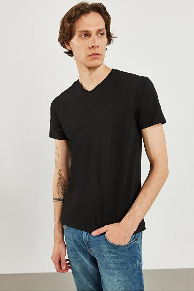 Erkek Nick Siyah V Yaka Slim Fit Basic Tişört - 8