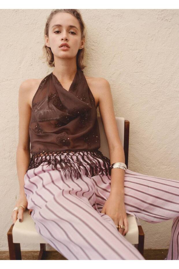 Çizgili rami pantolon - 7