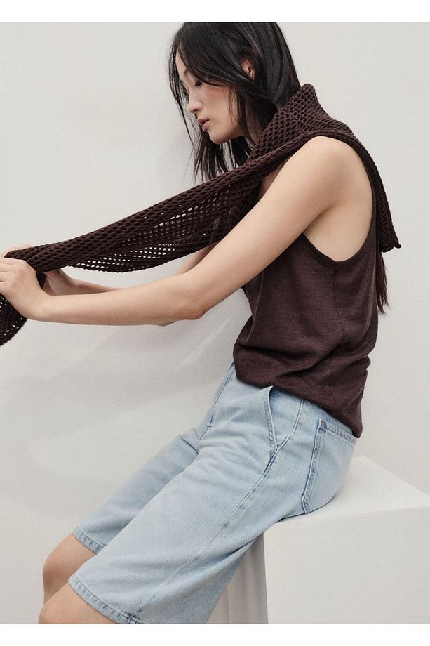 Düz denim Bermuda şort - 5