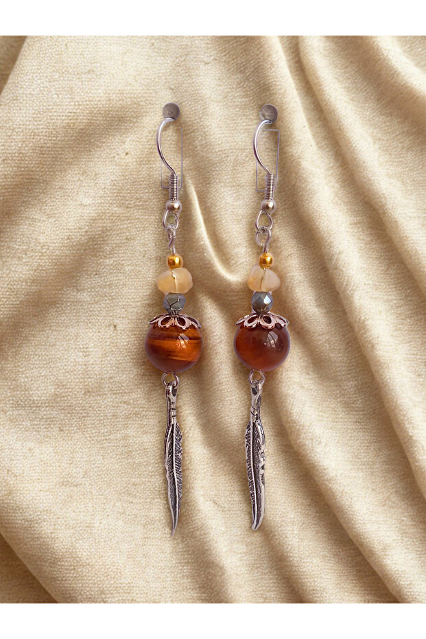 Silver Color Dangle Women's Earrings with Citrine Hematite Tiger's Eye Stone and Eagle Feather Detail