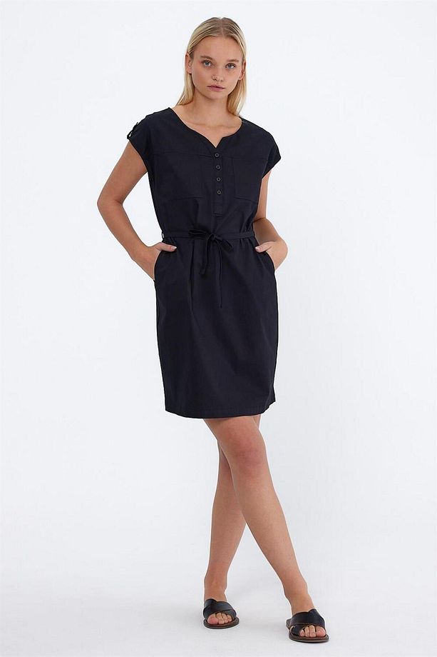 Riva Önü Düğmeli Regular Fit Gabardin Elbise - Siyah - 4