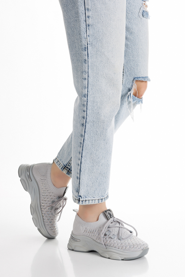 Taşlı Gümüş Triko Bağcıklı Rahat Kalıp Sneaker Spor Ayakkabı - 2