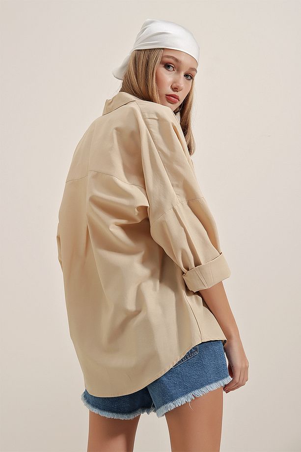 3900 Oversize Uzun Basic Gömlek - Bej - 6