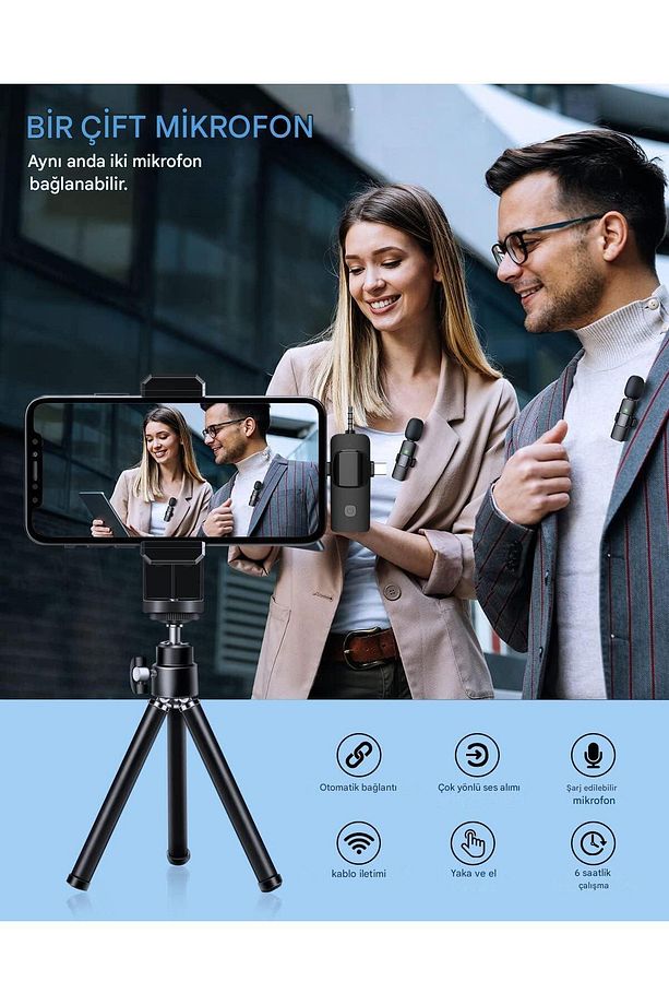 2'li Kablosuz Yaka Mikrofonu Type-C iPhone Girişli Telefon Uyumlu Wireless Mikrofon Canlı Yayın - 7