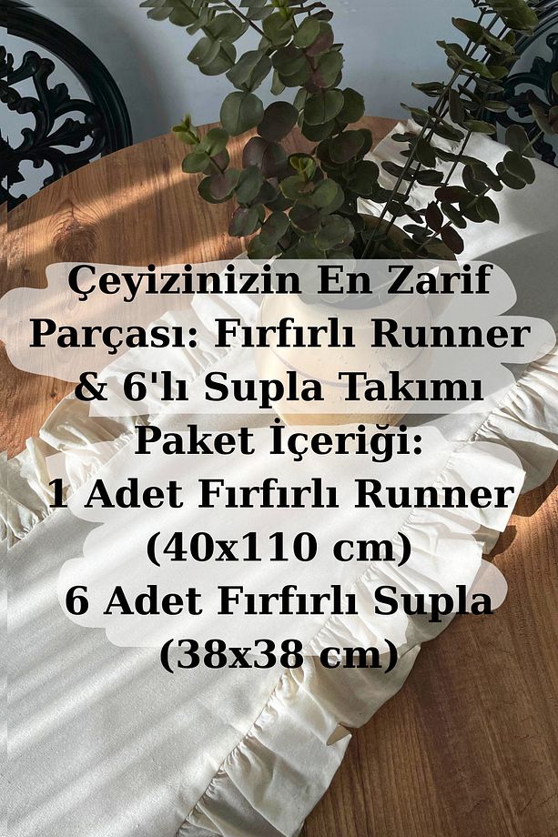 Fırfırlı Keten Runner & 6'lı Fıfırlı Supla Seti - 7 Parça Çeyiz Seti - 5