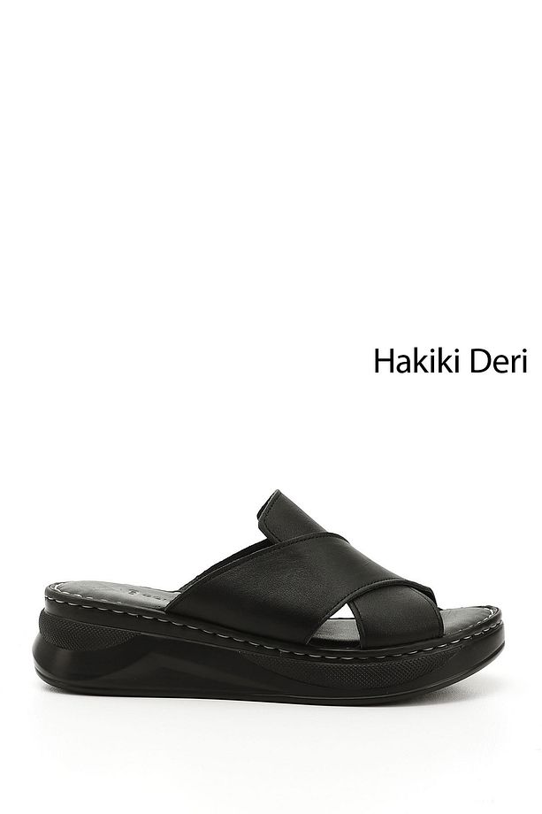 Kadın / Kız Siyah Çapraz Bantlı Dolgu Topuklu Hakiki Deri Comfort Terlik - 1