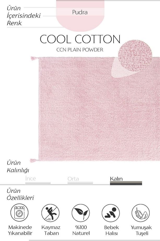 Cool Cotton Ccn Pudra Makinede Yıkanabilir Kaymaz Tabanlı Naturel Pamuk Dokuma Bebek Halısı - 4