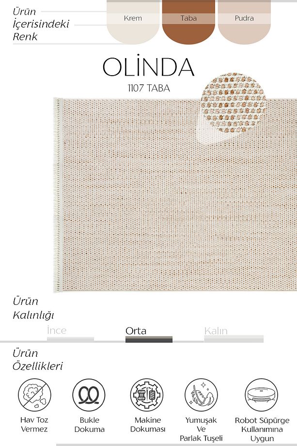 Olinda 1107 Taba Oturma Odası Salon Halısı Yumuşak Iskandinav Halı Yolluk Bukle Dokuma Makine Halısı - 2