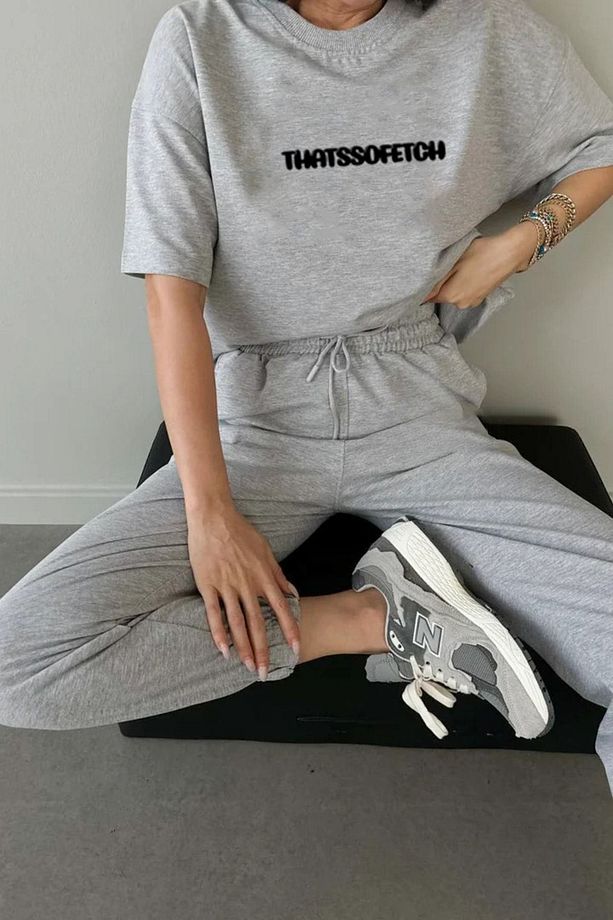 Thatssofetch T-shirt Eşofman Altı Jogger - Gri Baskı Alt Üst Eşofman Takımı Oversize Bisiklet Yaka - 1