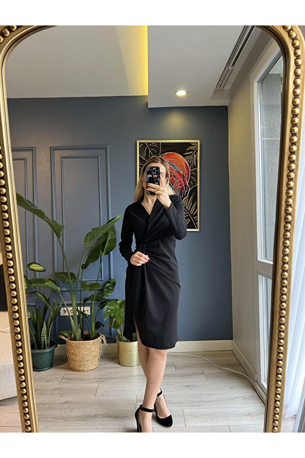 Kruvaze Yaka Yırtmaçlı Elbise - 1