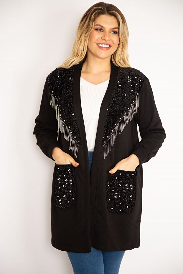 Women's Large Size Black Unlined Jacket with Sequins and Chain Accessories 65n35139 - 6