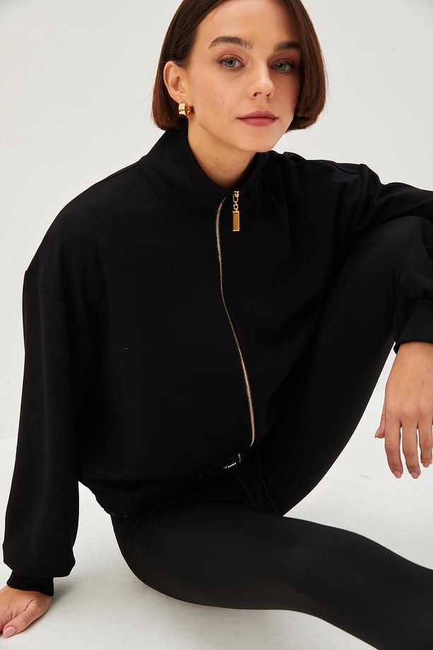 Gold Fermuarlı Paraşüt Kumaşlı Regular Örme Sweatshirt - 6