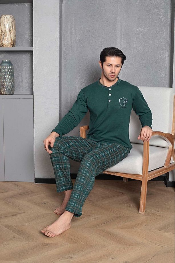 Erkek Penye Yeşil Uzun Kollu Altı Ekoseli Pijama Takımı - 1