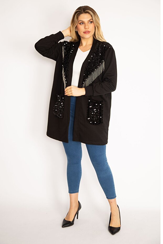 Women's Large Size Black Unlined Jacket with Sequins and Chain Accessories 65n35139 - 4
