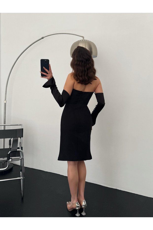 Black Satin Sleeve Detailed Midi Evening Dress
