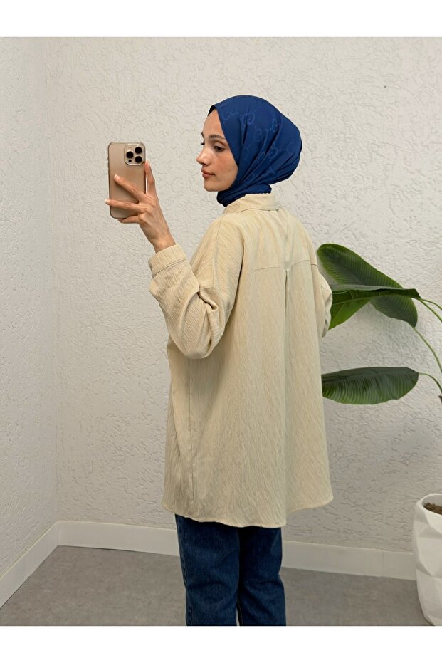 Buttoned Patterned Shirt - Beige - 4