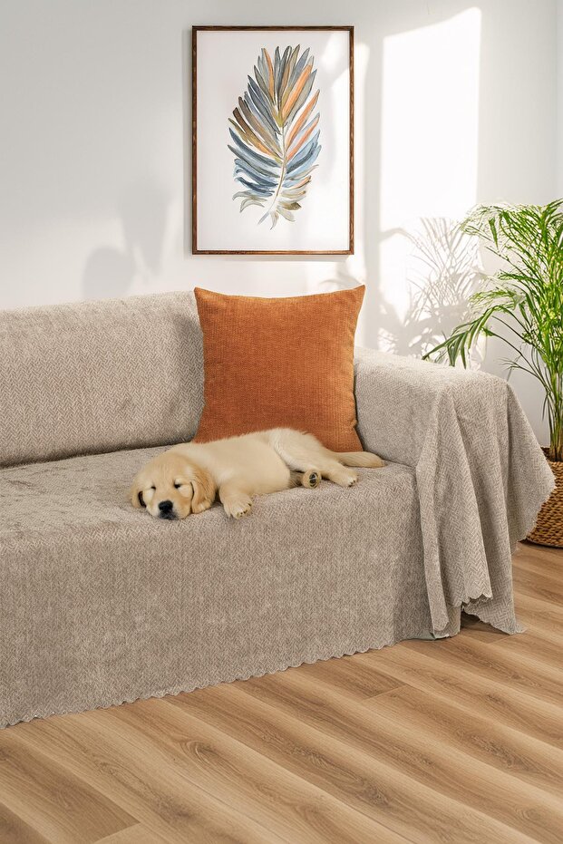 Zenit Sofa Cover 175X350 Xlarge Decorative Jacquard Chenille | Sofa Cover | Non-Slip, Beige