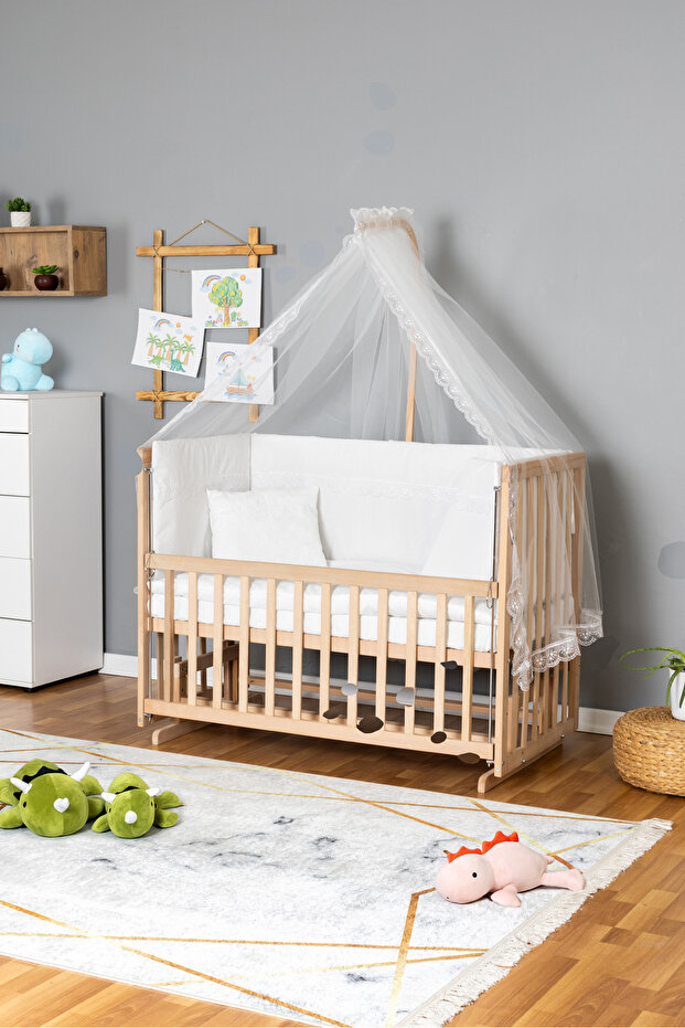 Bamgidoo Doğal Ahşap Beşik Anne Yanı Beşik Organik 70x130 - Beyaz Güpür Uyku Seti Yataklı